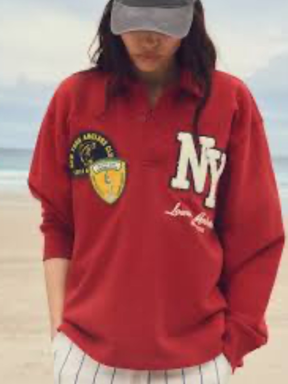 ZARA red New York oversized patchwork collared rugby pullover sweatshirt  small